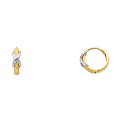 14K Two Tone Gold 2 mm Plain Huggies Earrings with X on Matte Finish Secured click top