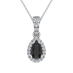 Pear Cut Black Diamond Halo Diamond Necklace 14K White Gold