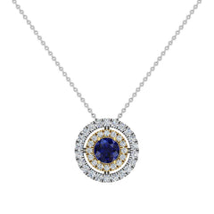 Round Cut Blue Sapphire Double Halo 2 tone necklace 14K Yellow Gold