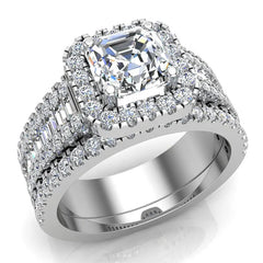 Asscher Cut Cushion Halo Diamond Wedding Ring Set 1.60 ct 14K White Gold