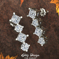Simplistic Square and Dot Motif Dangle Diamond Earrings White Gold