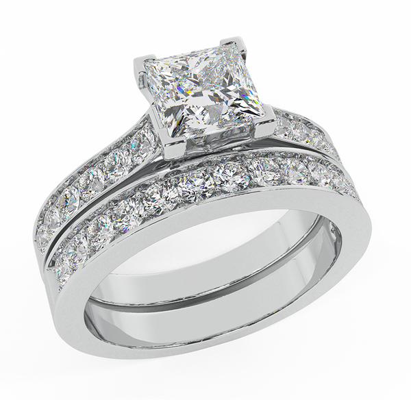 Princess Cut Diamond Cathedral Accent Engagement Ring Set 14K