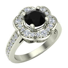 1.28 cttw Flower Style Black Diamond Halo Wedding Ring 14K Silver Finish