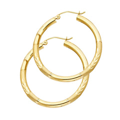 14K Gold Diamond Cut Hoop Earrings 35 mm diameter 3 mm wide Secured click top settings