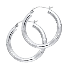 14K White Gold Diamond Cut Hoop Earrings 25 mm diameter 3 mm wide Secured click top settings