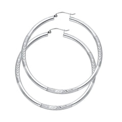 14K White Gold Diamond Cut Hoop Earrings 48 mm diameter 3 mm wide Secured click top settings