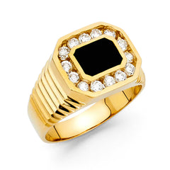 14K Solid Gold 13 mm Cushion Black Onyx Accented with 14 Cubic Zirconia Men’s Ring