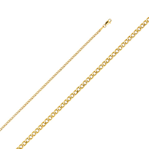 14K Solid Gold Hollow Cuban Chain 2.4 mm wide with Lobster Lock