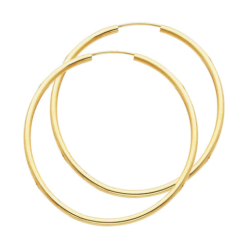 14K Solid Gold Hoop Earrings 45 mm diameter 2 mm wide Secured click settings