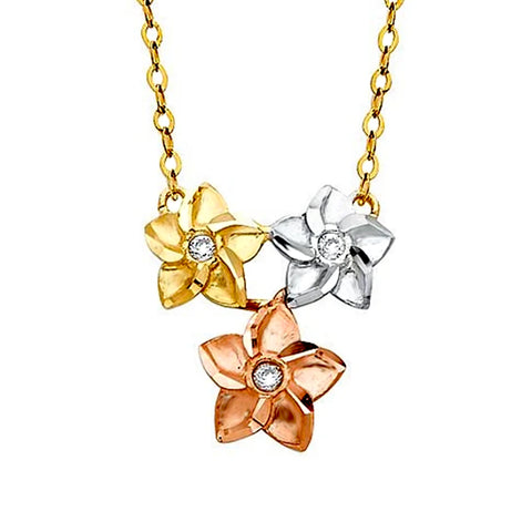 14K Three tone Yellow Gold, White gold & Rose Gold Floating Flower Necklace - Rose Gold