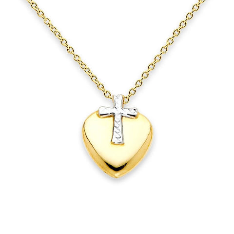 14K Two Tone Gold Cross Heart Necklace 17" + 1" Extension