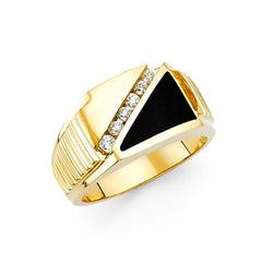 14K Gold 12Mm Triangle Black Onyx Accented With 6 Cubic Zirconia Ring