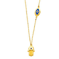 Solid Gold Hamsa Pendant Evil Eye Charm Chain Necklace 14K Yellow Gold