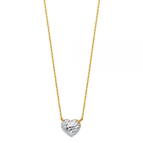 14K White Gold Diamond Cut Heart Charm Pendant 18” Total Length - White Gold