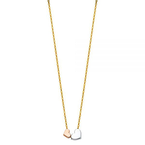 Two Hearts Two-tone White & Rose Gold with 14K Solid Yellow Gold Necklace 18” Length - Rose Gold