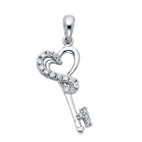 Key charm pendant Infinity inspired Love Heart design 14K White Gold Cz - White Gold