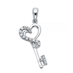 Key charm pendant Infinity inspired Love Heart design 14K White Gold Cz
