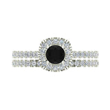 Black & White Diamond Cushion Halo Wedding Ring Set Matching Band 1.35 Carat Total Weight 14K Solid Gold Glitz Design (I,I1) - White Gold
