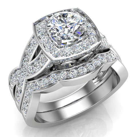 Intertwined Diamond Engagement Ring Set Cushion Shape 14k Gold 1.50 ct tw Glitz Design (I,I1) - White Gold