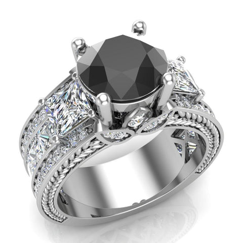 Black Diamond Engagement Rings for Women 8mm 5.35 ct 14K Gold-I1 - White Gold