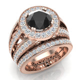 Black Diamond Wedding Ring Set 14K Gold Halo Rings 3.95 ct-G,SI - Rose Gold