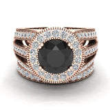Black Diamond Wedding Ring Set 14K Gold Halo Rings 3.20 ct-G,SI - Rose Gold