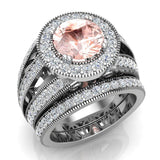 Morganite Wedding Ring Set 14K Gold Halo rings 8mm 3.95 carat-I,I1 - White Gold