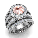 Wedding Ring Set Round Morganite Halo Diamond 18K Gold 3.20 ct-G,VS - White Gold