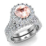 Morganite Wedding Ring Set 14K Gold Halo ring 7.40mm 5.15 ct-I,I1 - White Gold