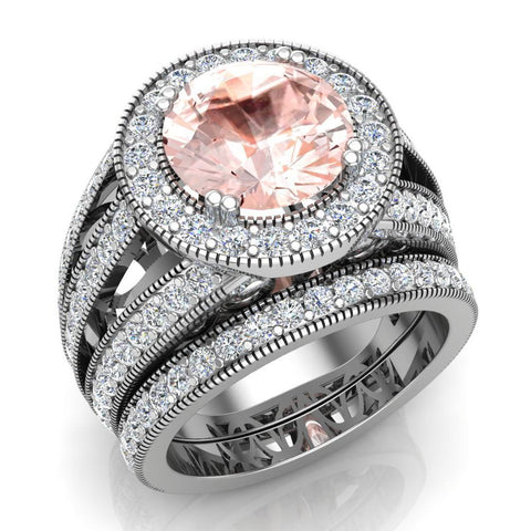Morganite diamond wedding rings halo accented 18K 4.96 ctw VS - White Gold