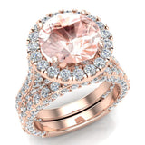Morganite Wedding Set 14K Gold Halo Ring for women (I,I1) - Rose Gold