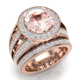 Morganite diamond wedding rings halo accented 14K 4.96 ctw I1 - Rose Gold