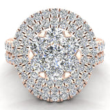 1.55 Ct Double Halo with Solitaire look Diamond Cluster Ring Set 14K Gold-I,I1 - Rose Gold