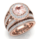 Morganite Wedding Ring Set 14K Gold Halo rings 8mm 3.95 carat-G,SI - Rose Gold