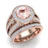 Wedding Ring Set Round Morganite Halo Diamond 14K Gold 3.20 ct-I,I1 - Rose Gold