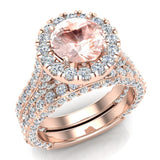 Morganite Wedding Ring Set 18K Gold Halo ring 7.40mm 5.15 ct-G,VS - Rose Gold