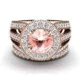 Wedding Ring Set Round Morganite Halo Diamond 14K Gold 3.20 ct-I,I1 - Rose Gold
