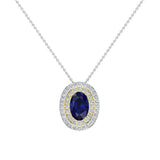 Oval Cut Blue Sapphire Double Halo 2 tone necklace 14K Gold (G,SI) - Yellow Gold
