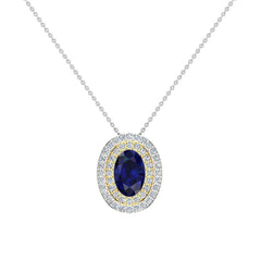 Oval Cut Blue Sapphire Double Halo 2 tone necklace 14K Yellow Gold