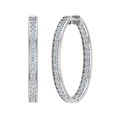 14K Gold Hoop Earrings 33mm Diamond Line Setting Click-in Lock-I1 White Gold