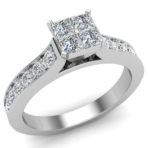 0.70 Ct Four Quad Princess Diamond Cathedral Accent Engagement Ring 18K Gold-G,VS - White Gold