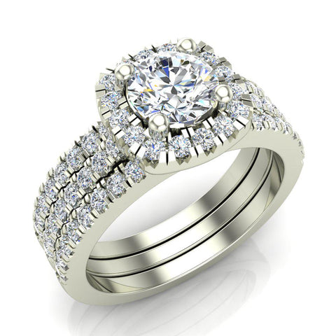 Luxury Round Cushion Halo Diamond Engagement Ring Set 14K Gold (G,I1) - White Gold