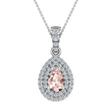 Pear Cut Pink Morganite Double Halo Diamond Necklace 14K Gold (I,I1) - White Gold