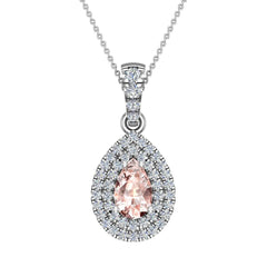 Pear Cut Pink Morganite Double Halo Diamond Necklace 14K White Gold