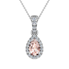 Pear Cut Pink Morganite Halo Diamond Necklace 14K White Gold
