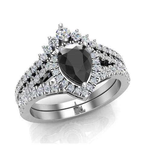 1.75 Ct Pear Cut Black Diamond Halo Diamond Wedding Ring Set 14K Gold-I,I1 - White Gold