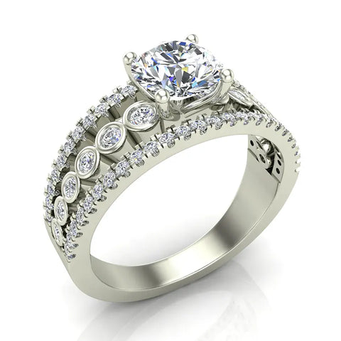 Diamond Rows Bezel Shank Wide Engagement Ring 1.44 Ct 14K Gold-G,I1 - White Gold