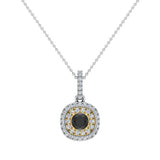 Round Cut Black Diamond Cushion Double Halo 2 tone necklace 14K Gold-I,I1 - Yellow Gold