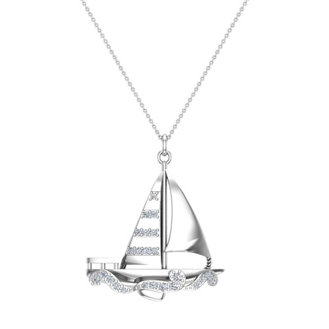 Sailboat Diamond Necklaces for Women 14K Gold - Boat Accessories-L,I2 - White Gold