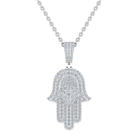 Hamsa Hand Pendant Diamond Necklace for Men/Women 14K Gold 2 Ct-I1 - White Gold